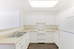 bright kitchen with wood floors and white cabinets