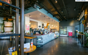indoor cafe with tables and seating areas